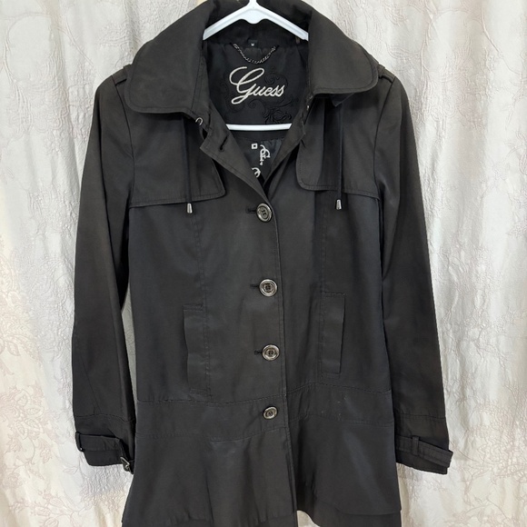 Guess Woman’s Collared Hooded Button Closure Lined  Midi Jacket Black Size M - Picture 1 of 9